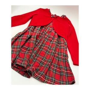 Girls Plaid Christmas Dress & Red Jacket | Size 130 | US 7/8 | Holiday Outfit